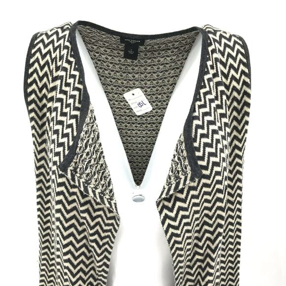 Ann Taylor Women's Chevron Open Front Sleeveless Cardigan Vest SM Black Duster - Picture 2 of 7